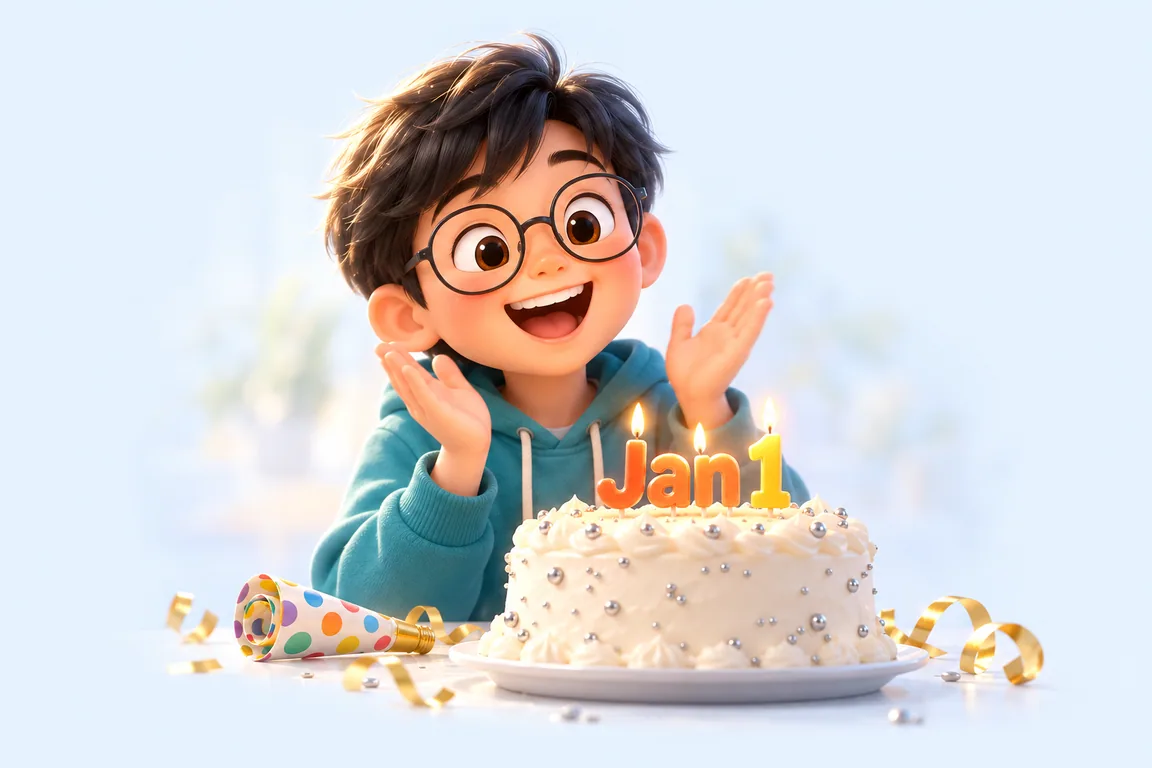 Cartoon birthday scene for January 1: a child behind a cake whose candles spell the date