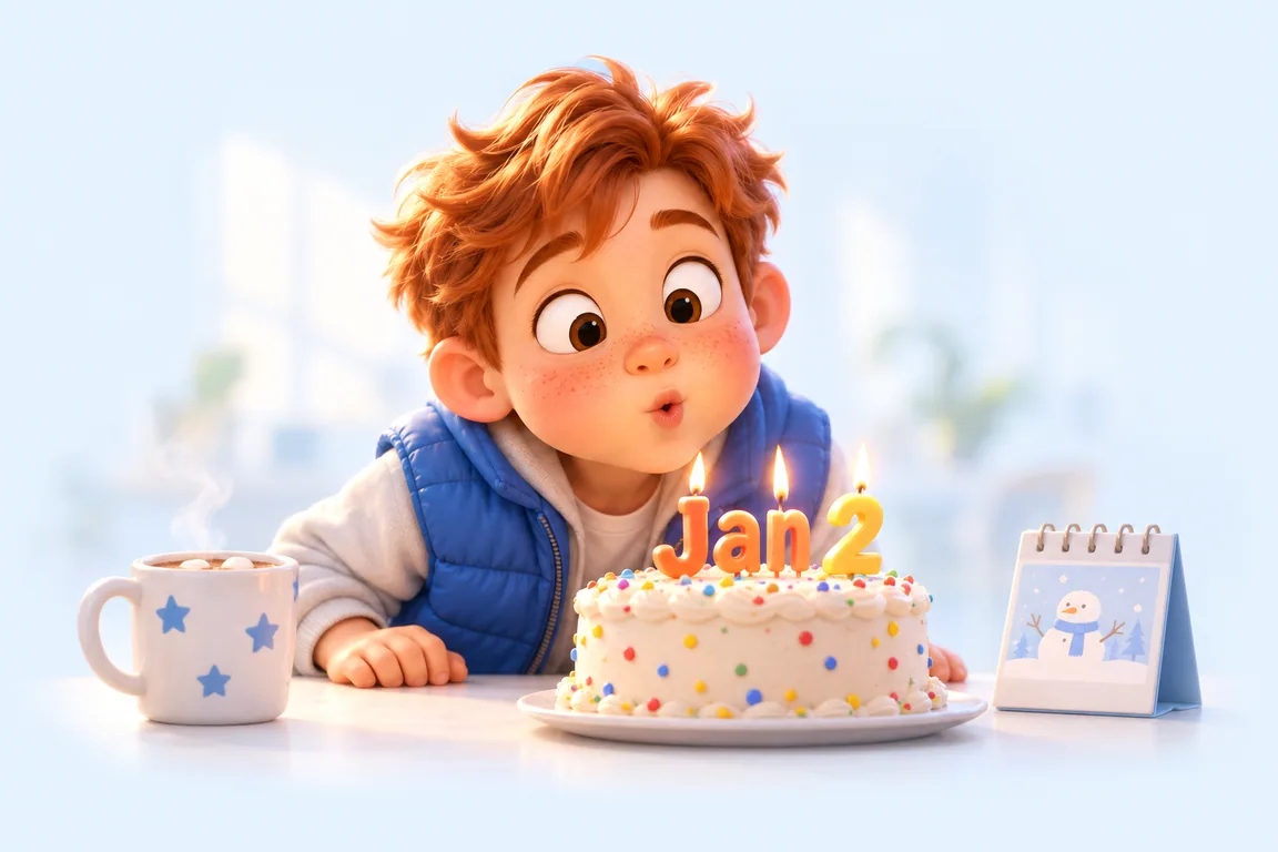Cartoon birthday scene for January 2: a child behind a cake whose candles spell the date