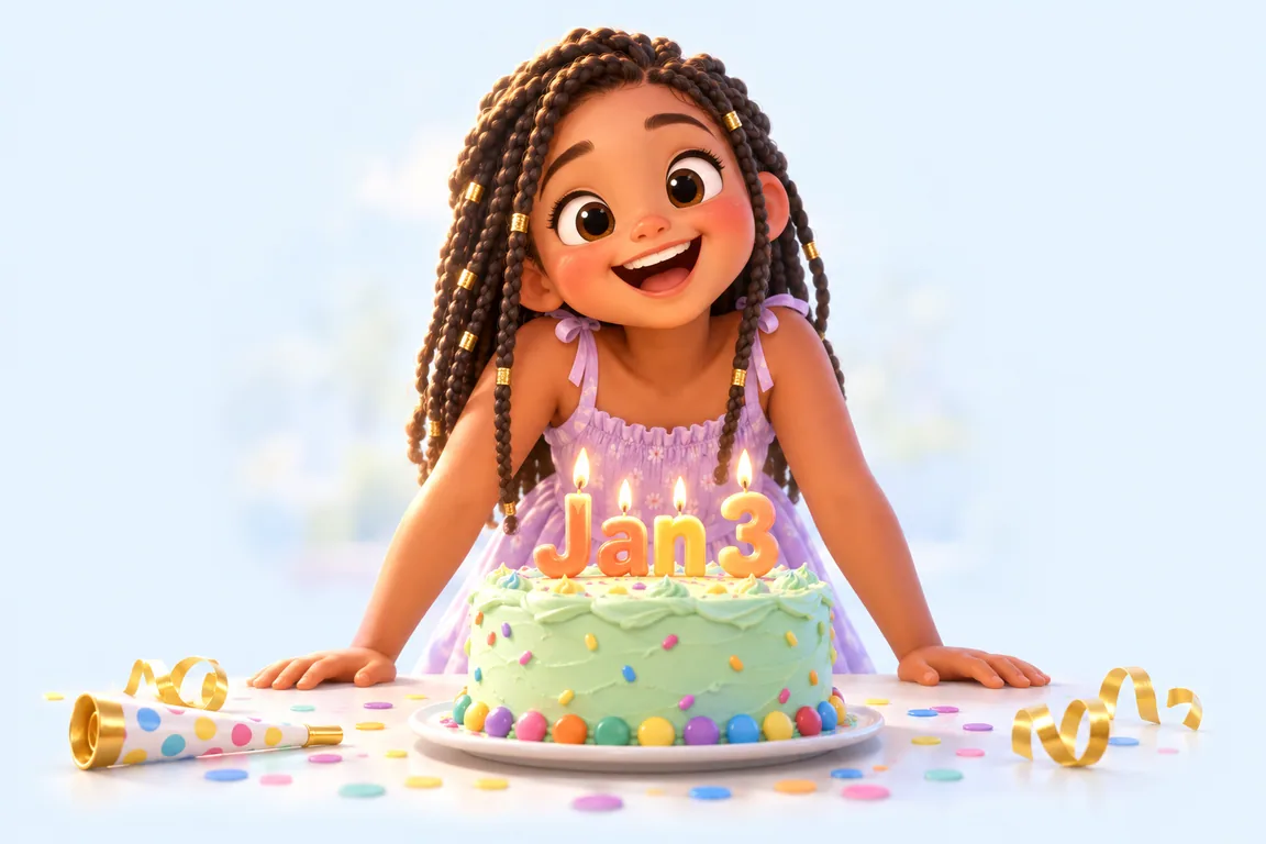 Cartoon birthday scene for January 3: a child behind a cake whose candles spell the date