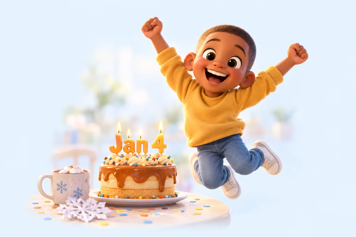 Cartoon birthday scene for January 4: a child behind a cake whose candles spell the date