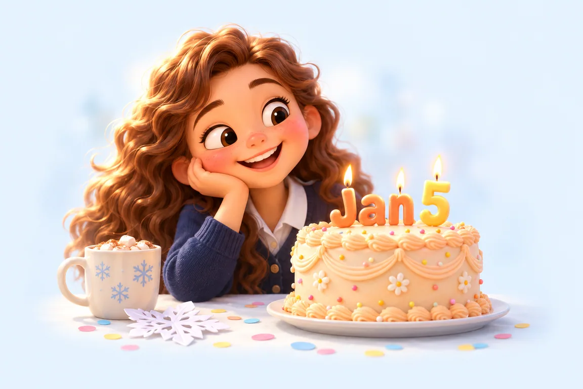 Cartoon birthday scene for January 5: a child behind a cake whose candles spell the date