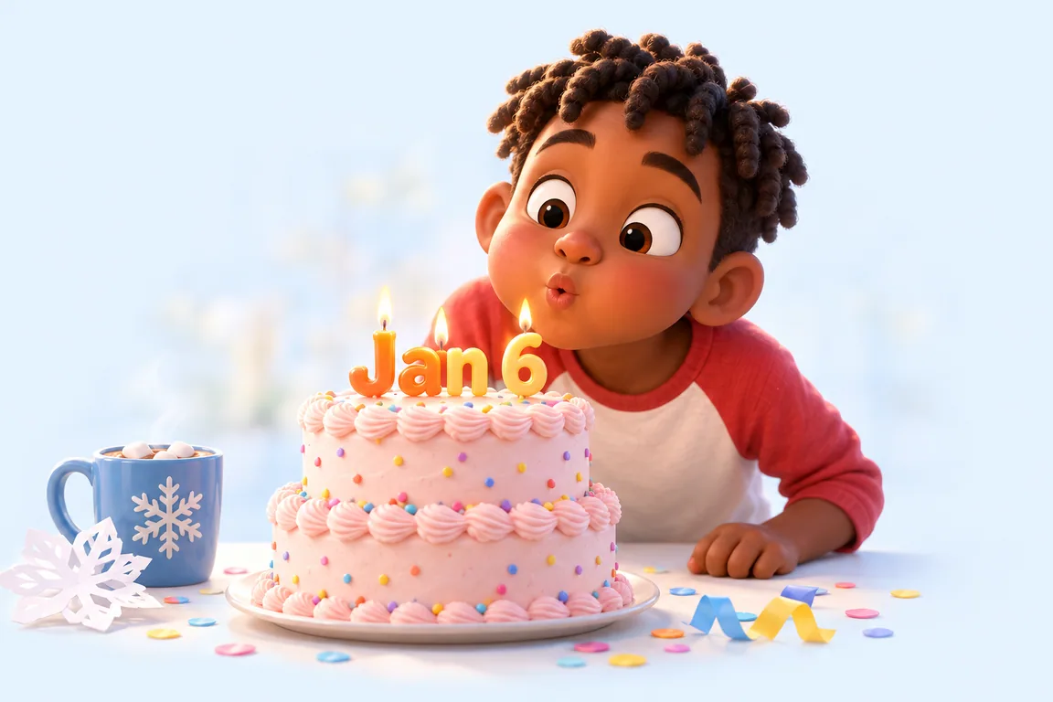 Cartoon birthday scene for January 6: a child behind a cake whose candles spell the date