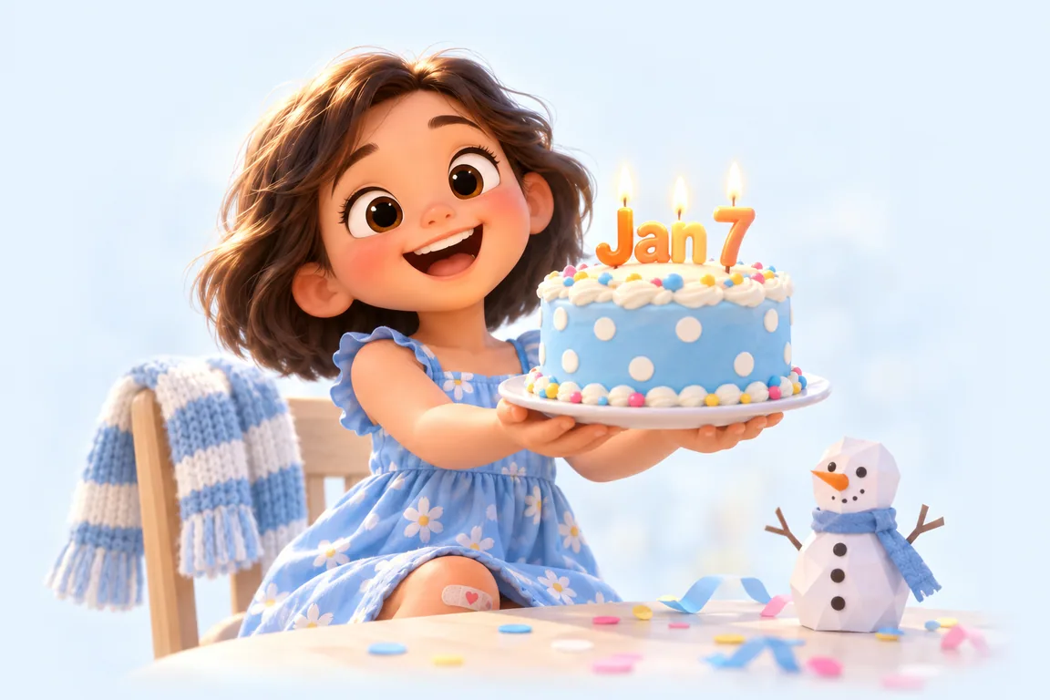 Cartoon birthday scene for January 7: a child behind a cake whose candles spell the date
