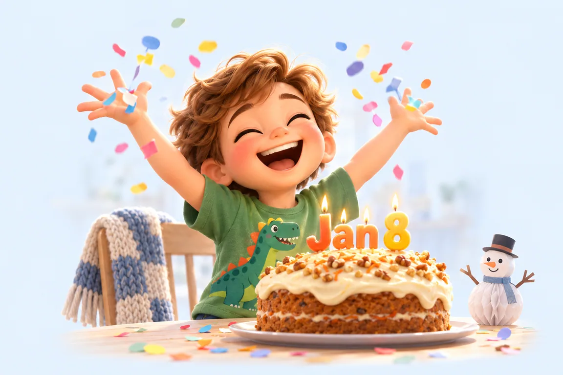 Cartoon birthday scene for January 8: a child behind a cake whose candles spell the date