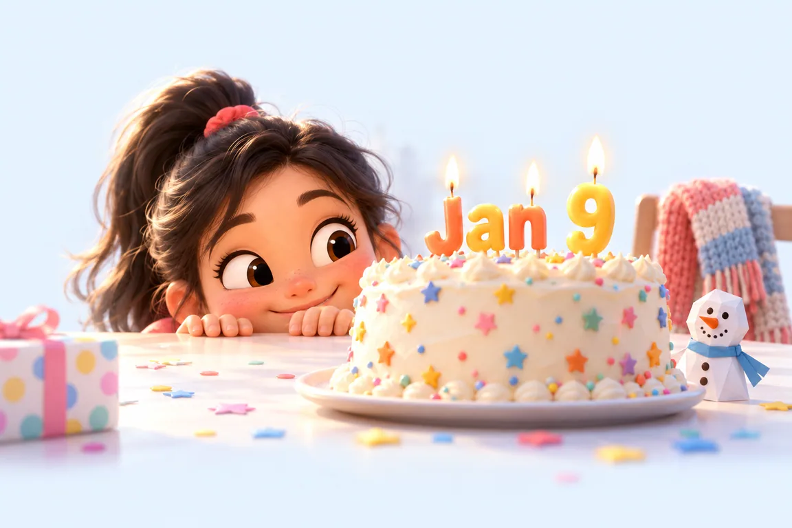 Cartoon birthday scene for January 9: a child behind a cake whose candles spell the date