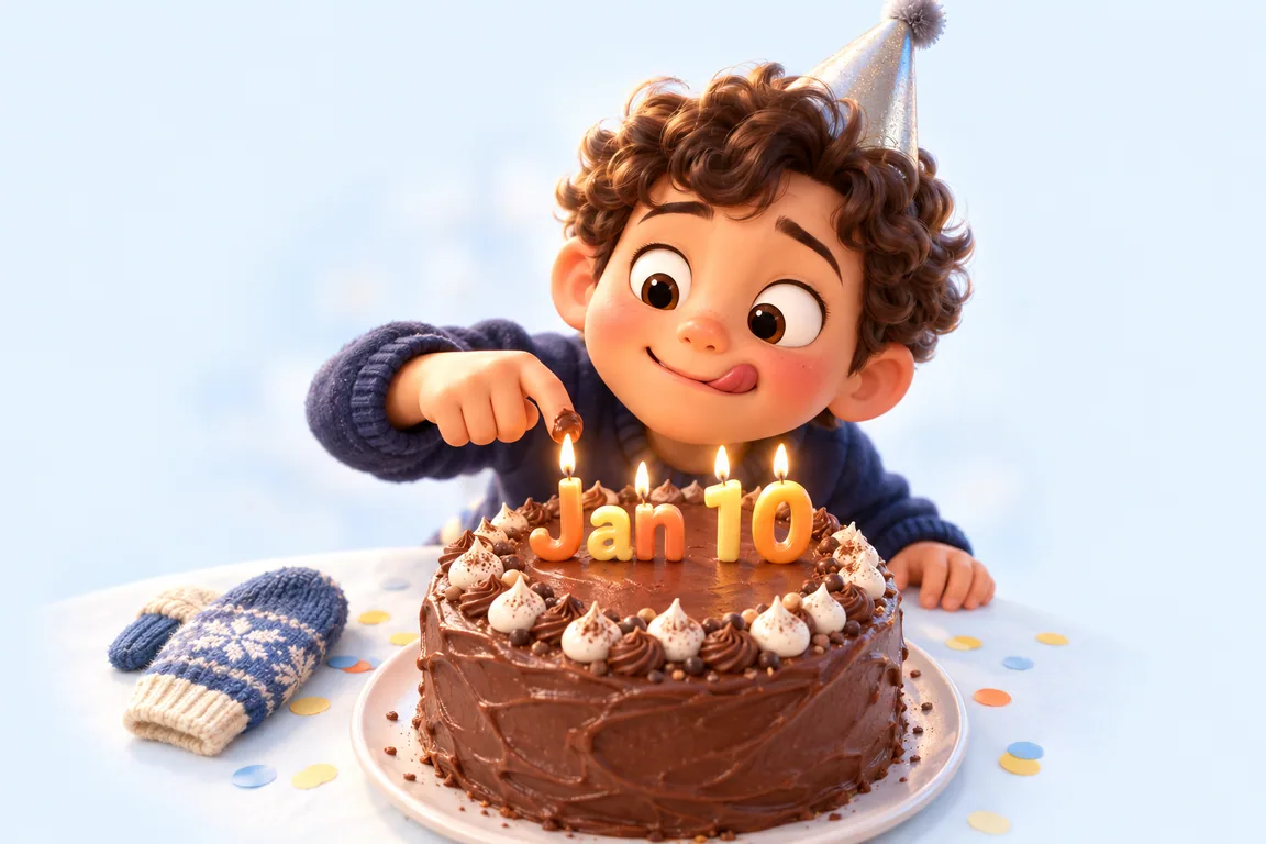 Cartoon birthday scene for January 10: a child behind a cake whose candles spell the date