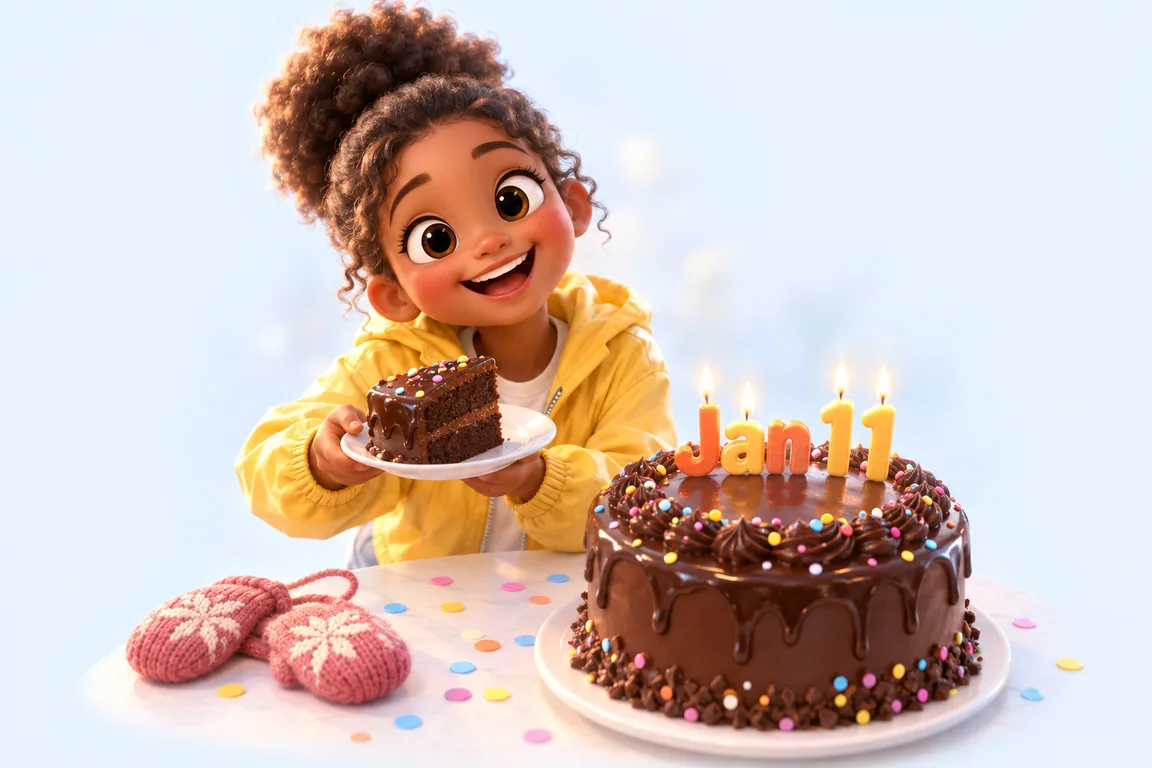 Cartoon birthday scene for January 11: a child behind a cake whose candles spell the date