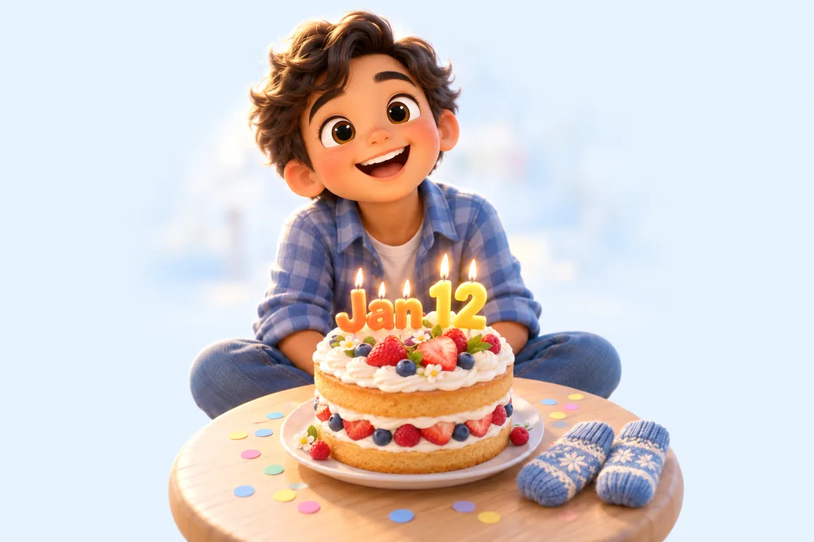 Cartoon birthday scene for January 12: a child behind a cake whose candles spell the date
