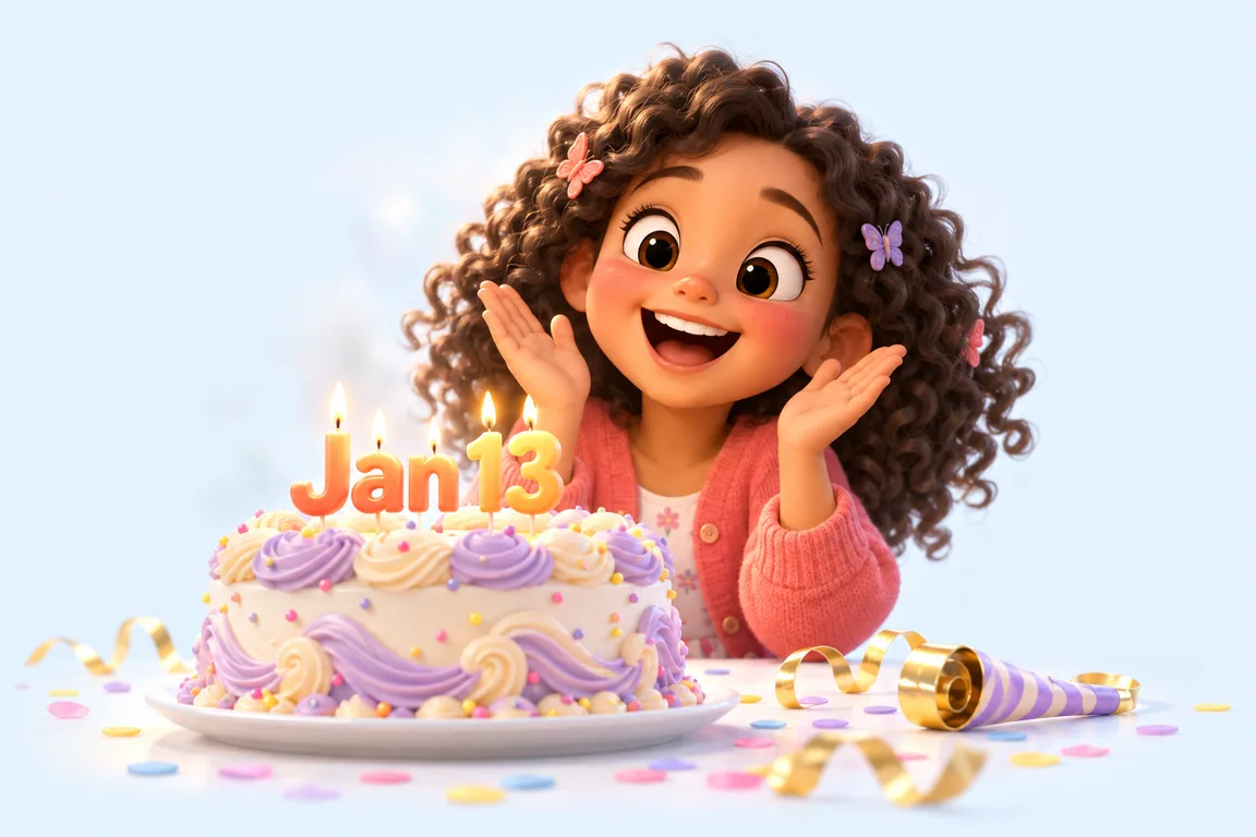 Cartoon birthday scene for January 13: a child behind a cake whose candles spell the date