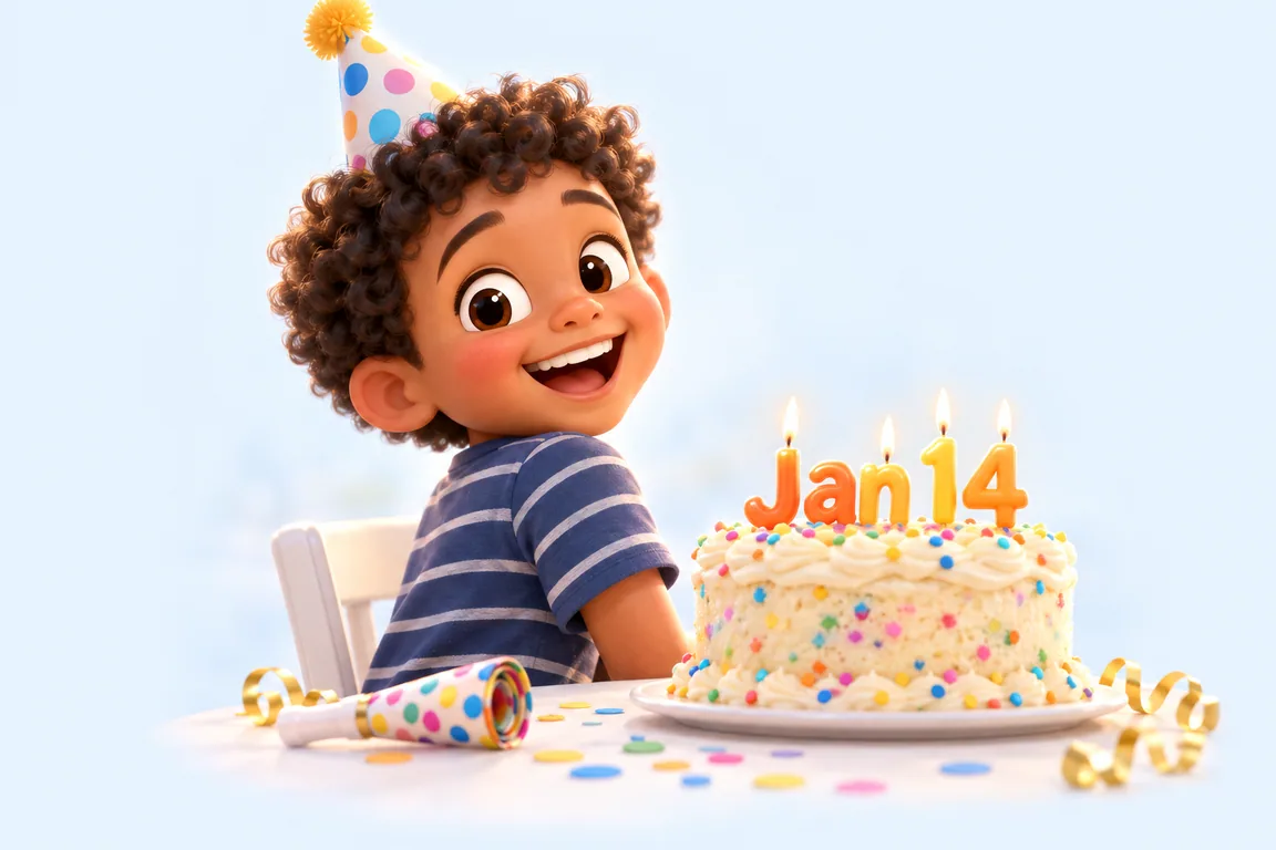 Cartoon birthday scene for January 14: a child behind a cake whose candles spell the date