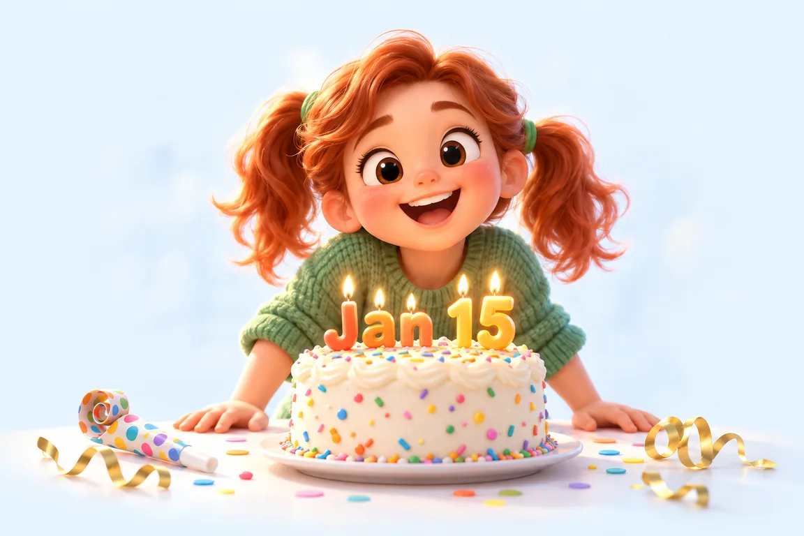Cartoon birthday scene for January 15: a child behind a cake whose candles spell the date