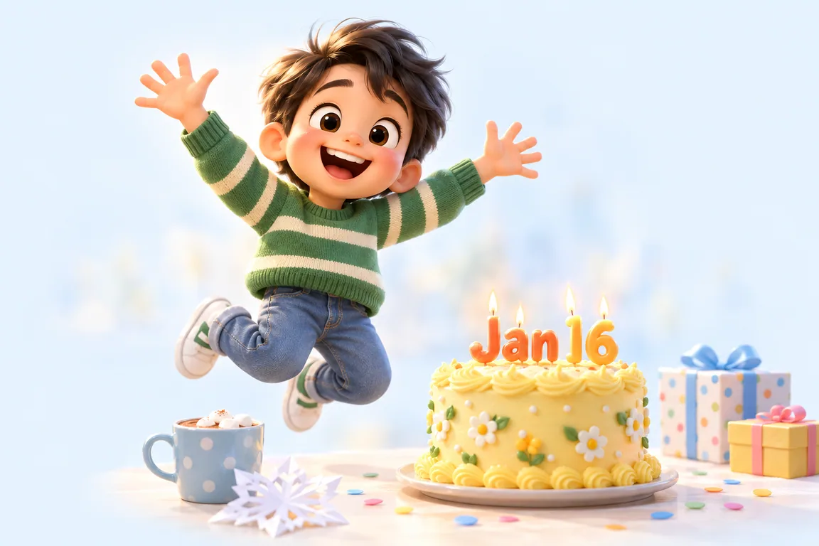 Cartoon birthday scene for January 16: a child behind a cake whose candles spell the date