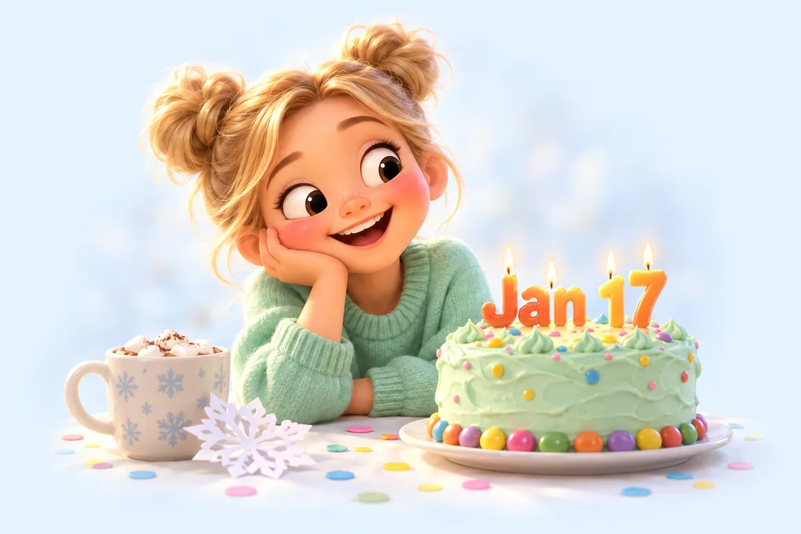 Cartoon birthday scene for January 17: a child behind a cake whose candles spell the date