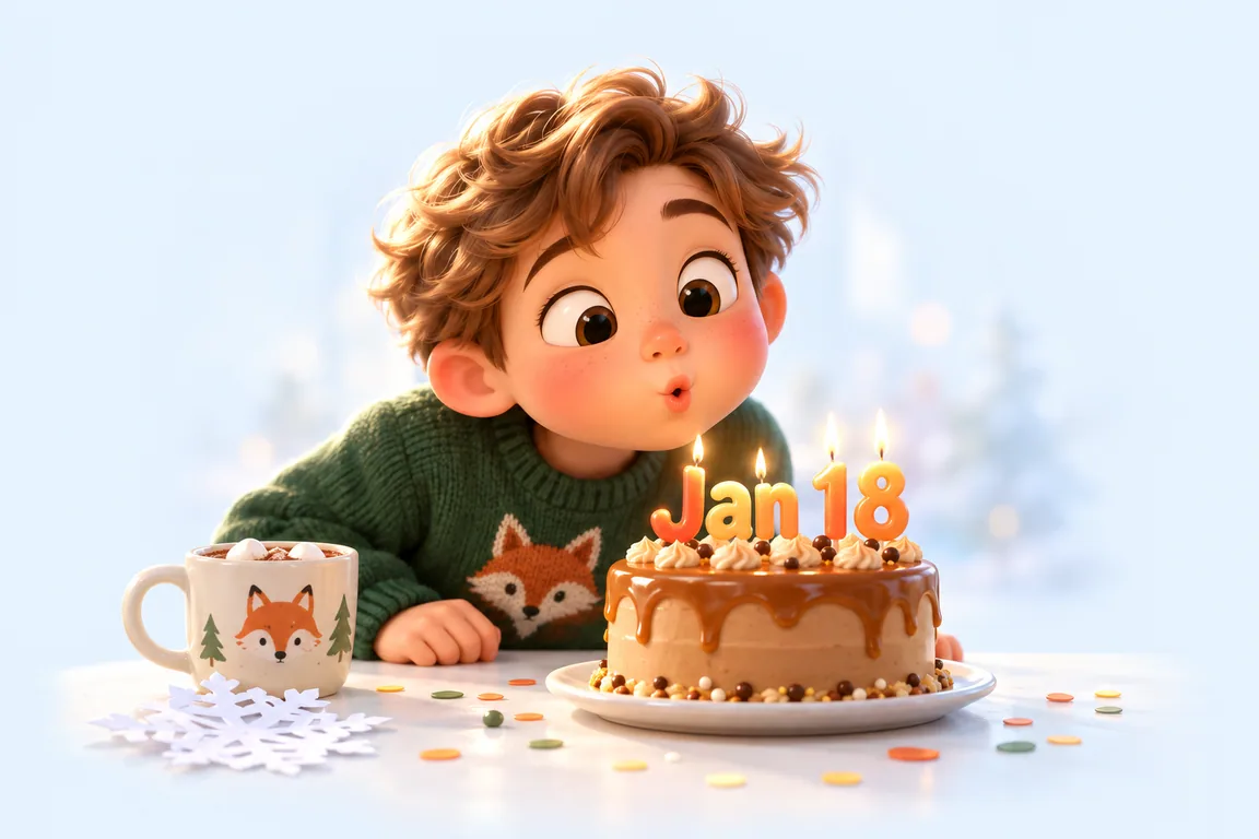 Cartoon birthday scene for January 18: a child behind a cake whose candles spell the date