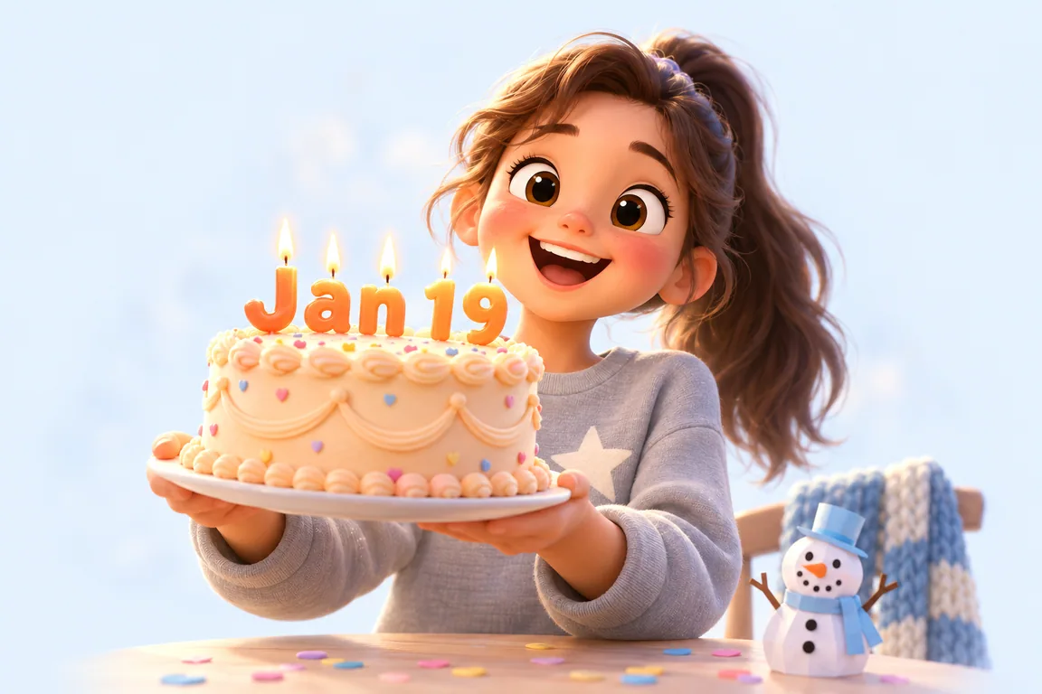 Cartoon birthday scene for January 19: a child behind a cake whose candles spell the date
