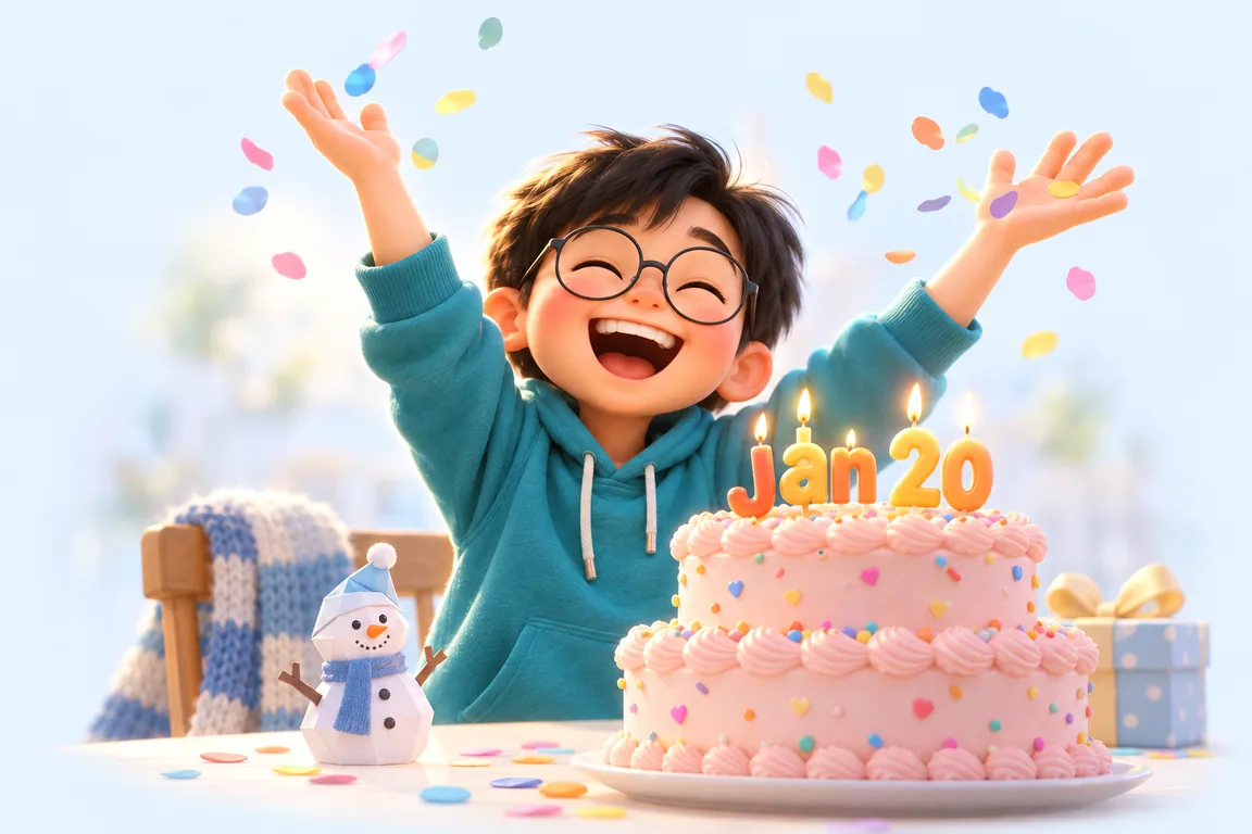Cartoon birthday scene for January 20: a child behind a cake whose candles spell the date