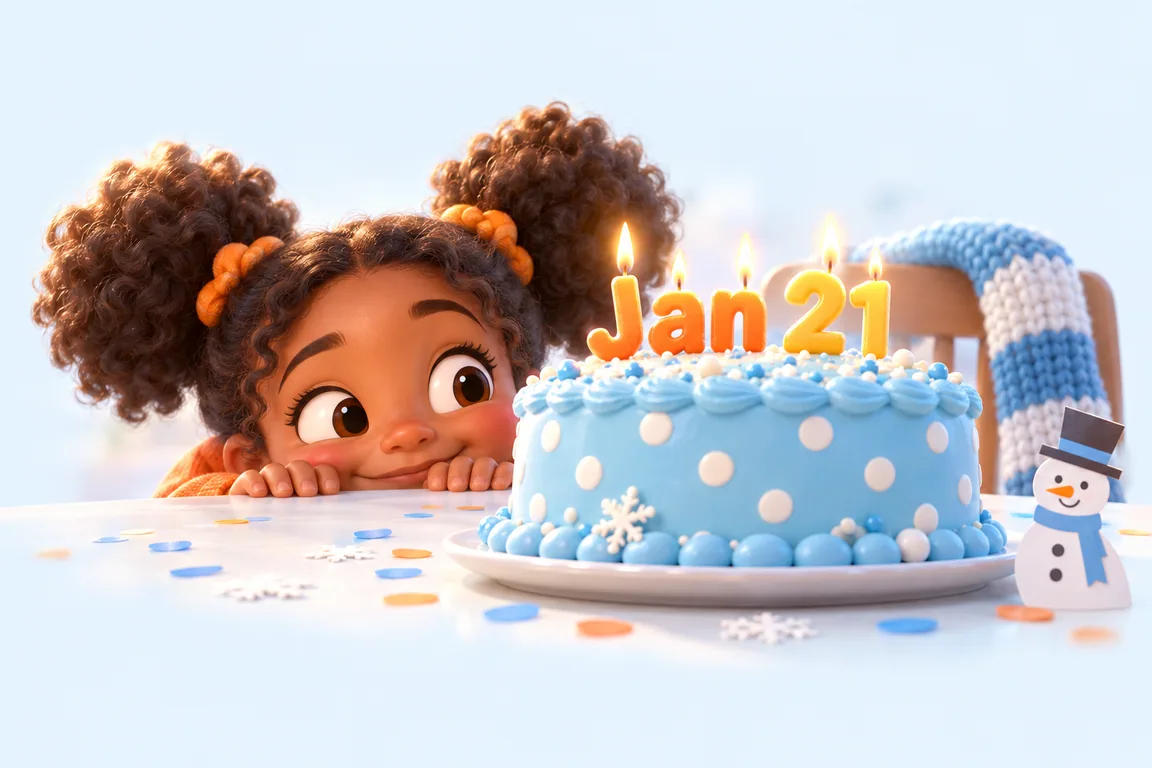 Cartoon birthday scene for January 21: a child behind a cake whose candles spell the date
