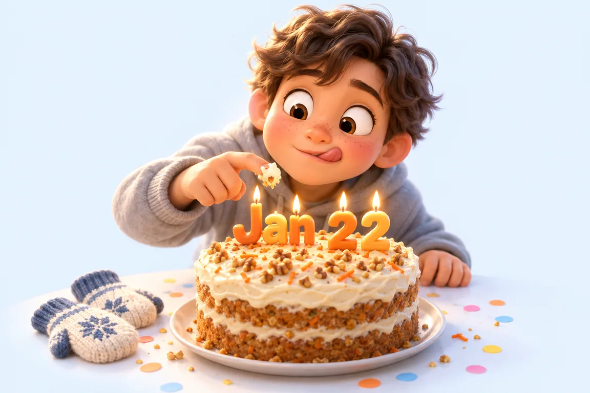 Cartoon birthday scene for January 22: a child behind a cake whose candles spell the date
