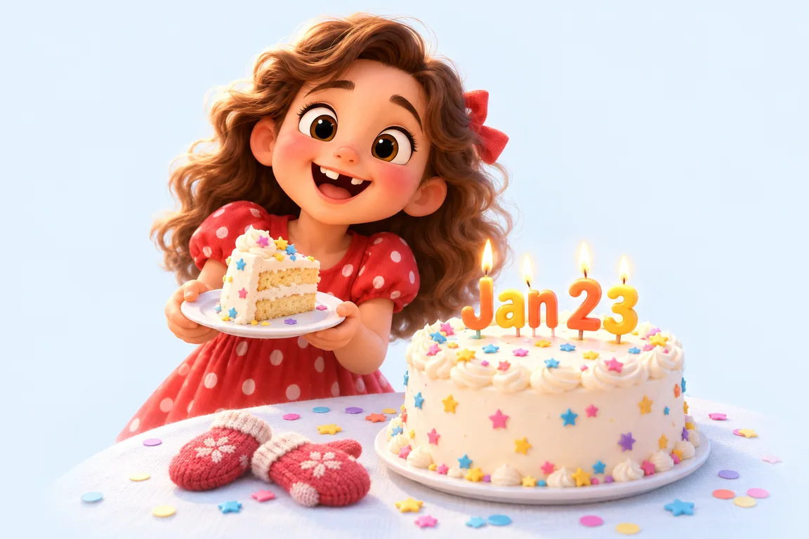 Cartoon birthday scene for January 23: a child behind a cake whose candles spell the date