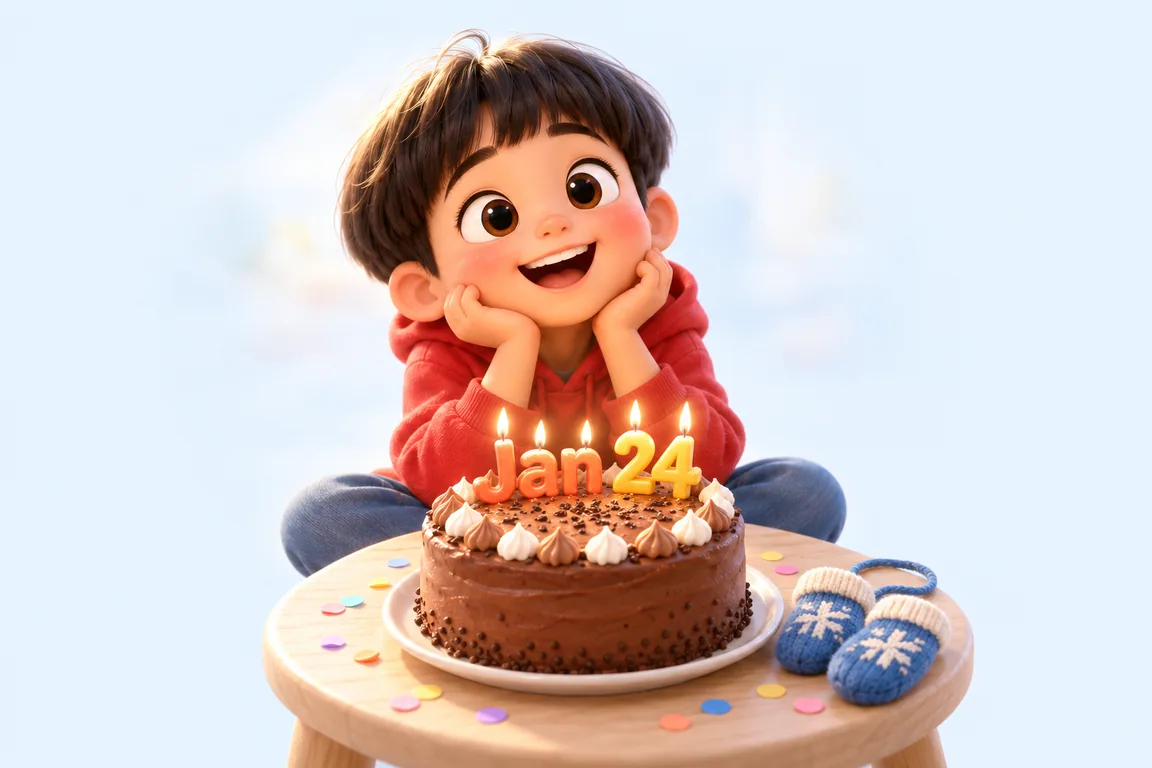 Cartoon birthday scene for January 24: a child behind a cake whose candles spell the date