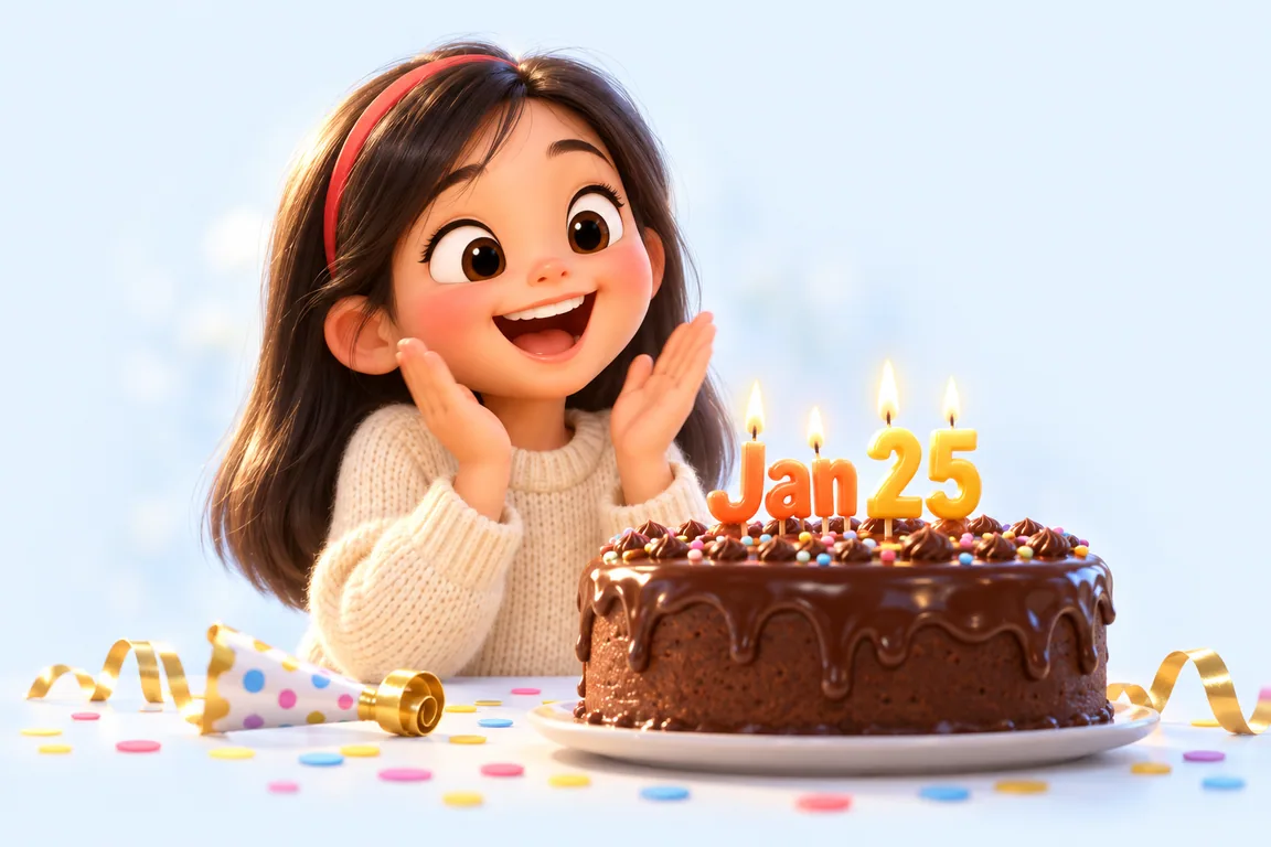 Cartoon birthday scene for January 25: a child behind a cake whose candles spell the date