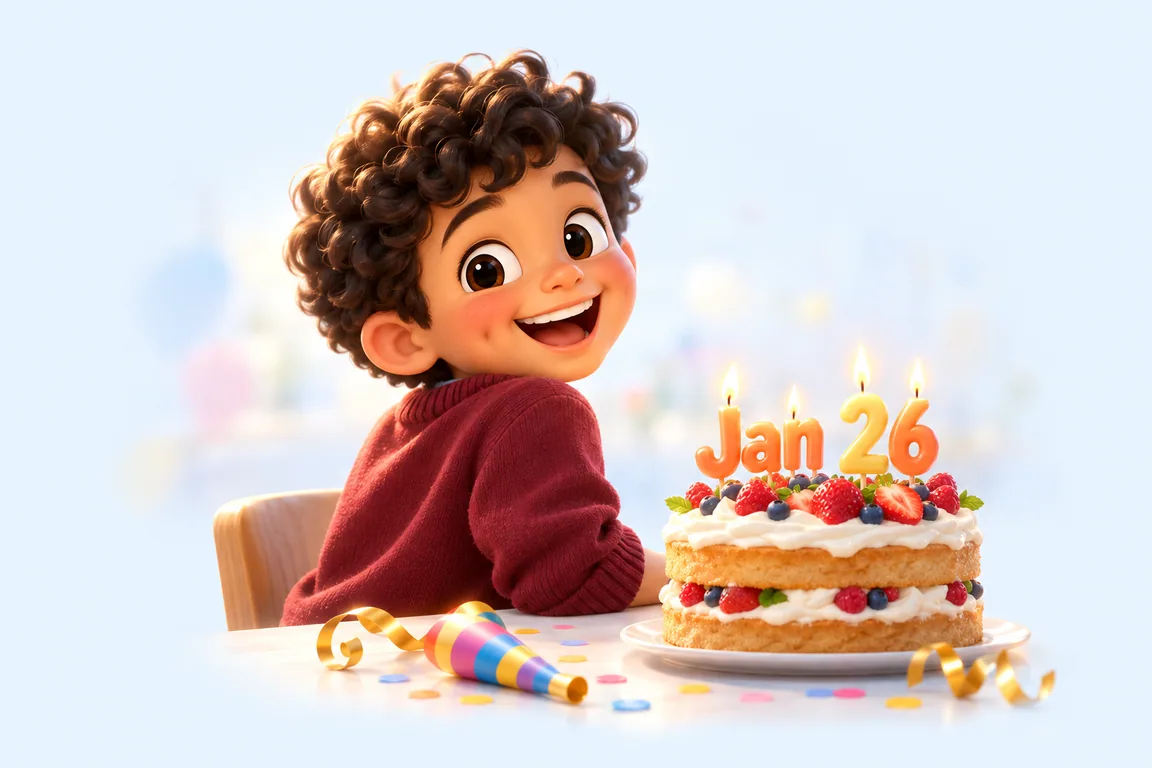 Cartoon birthday scene for January 26: a child behind a cake whose candles spell the date