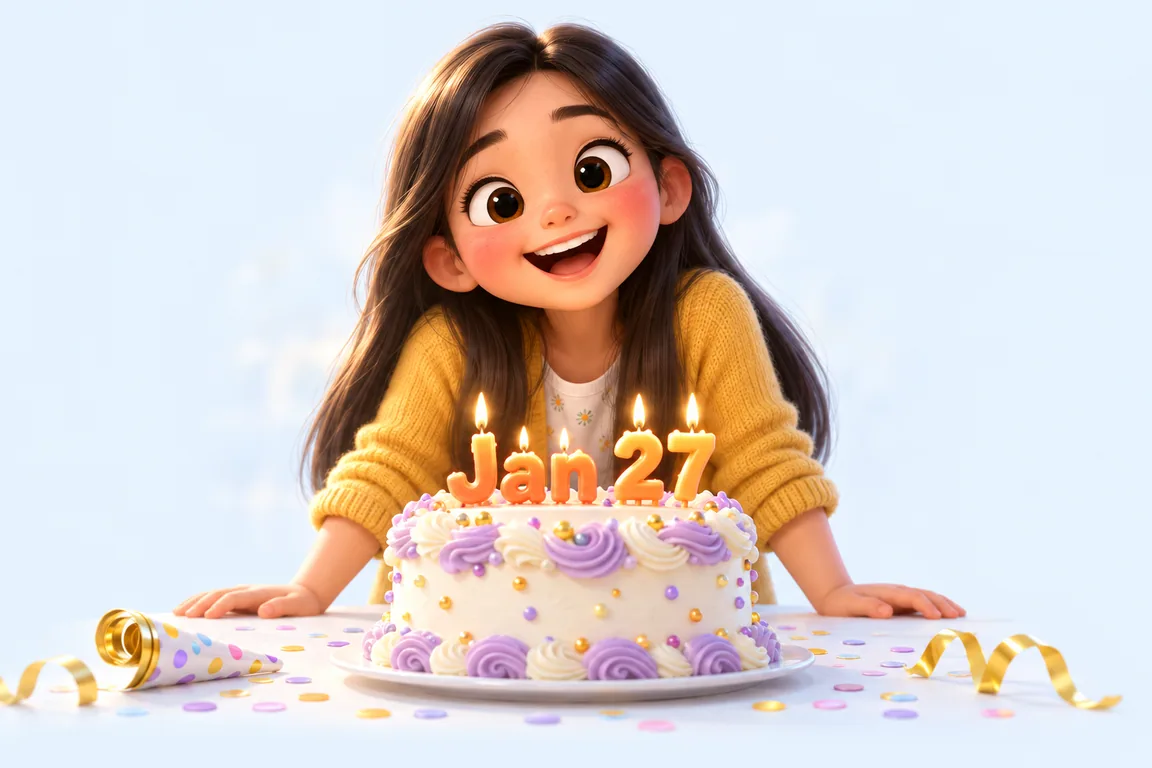 Cartoon birthday scene for January 27: a child behind a cake whose candles spell the date