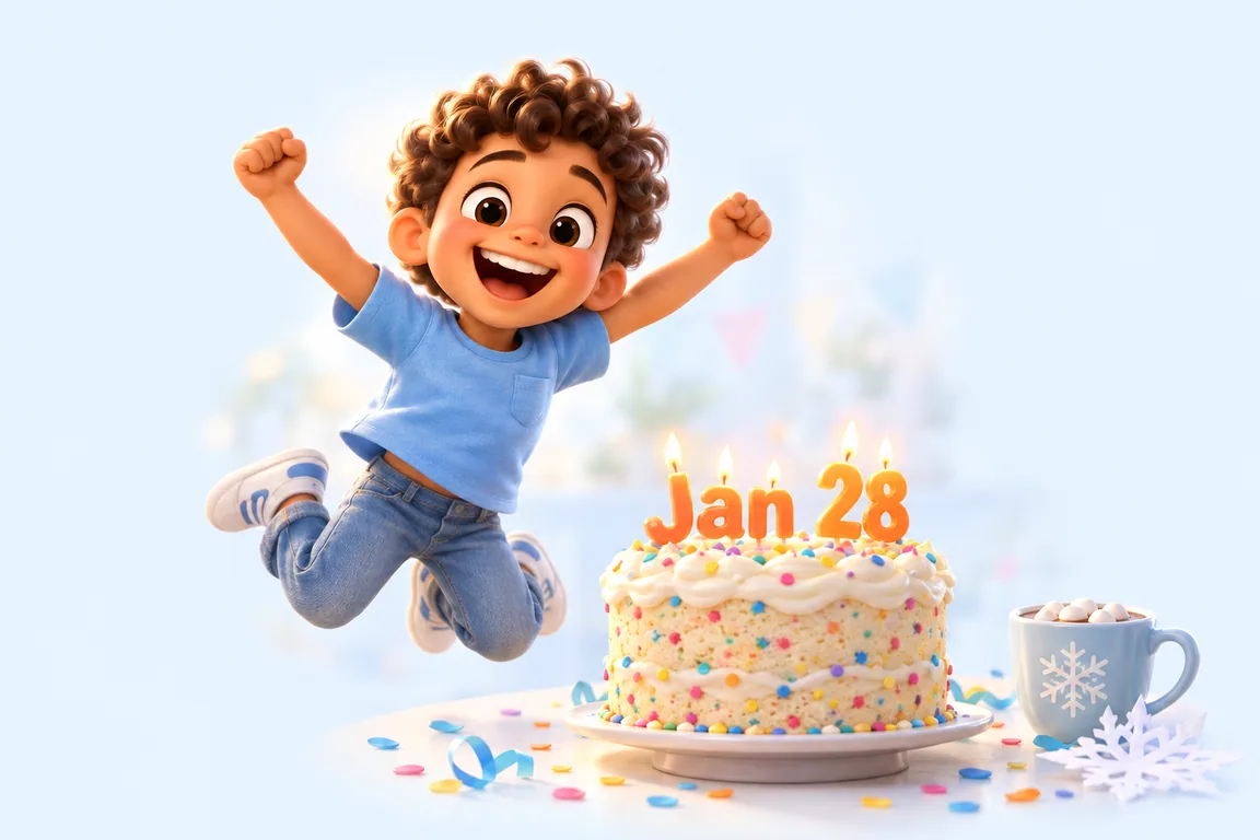Cartoon birthday scene for January 28: a child behind a cake whose candles spell the date