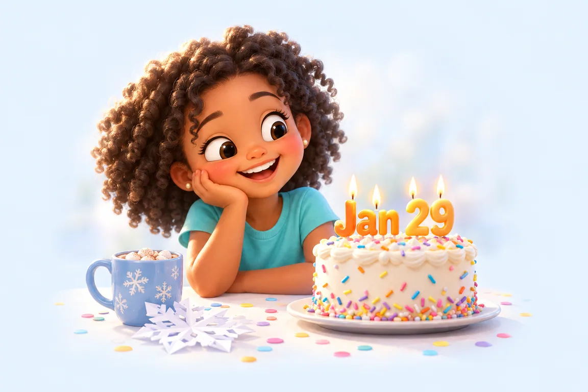 Cartoon birthday scene for January 29: a child behind a cake whose candles spell the date