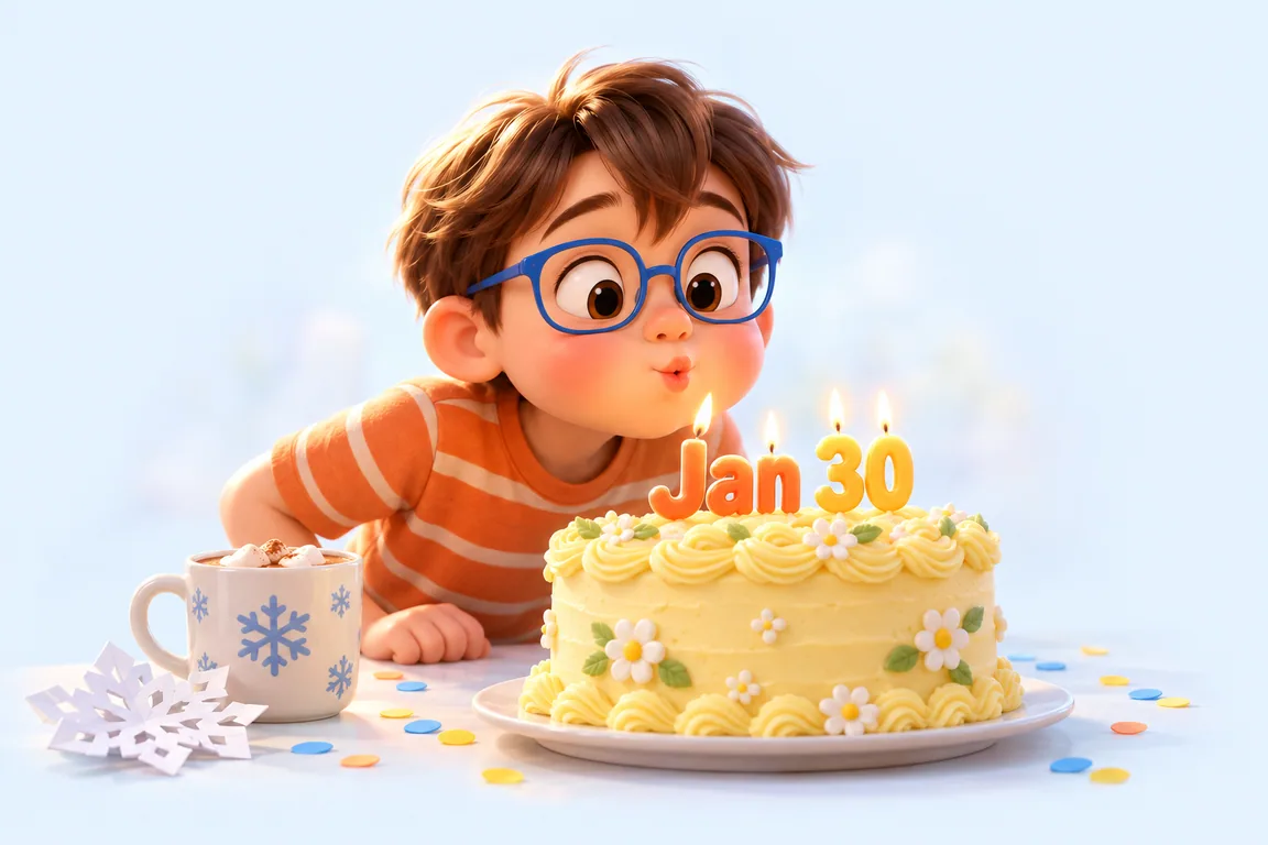 Cartoon birthday scene for January 30: a child behind a cake whose candles spell the date