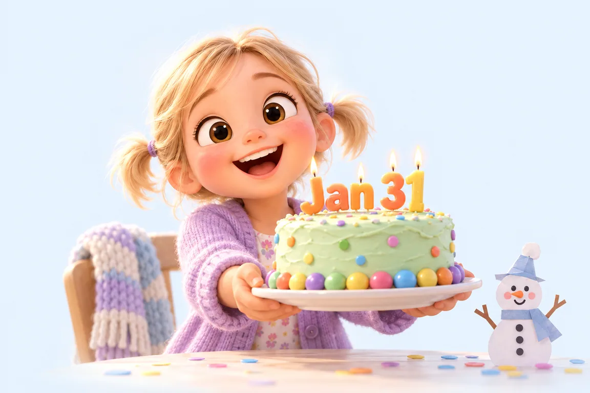 Cartoon birthday scene for January 31: a child behind a cake whose candles spell the date