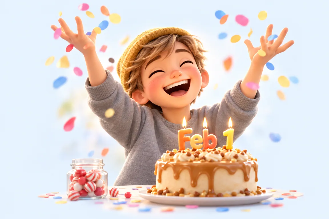 Cartoon birthday scene for February 1: a child behind a cake whose candles spell the date