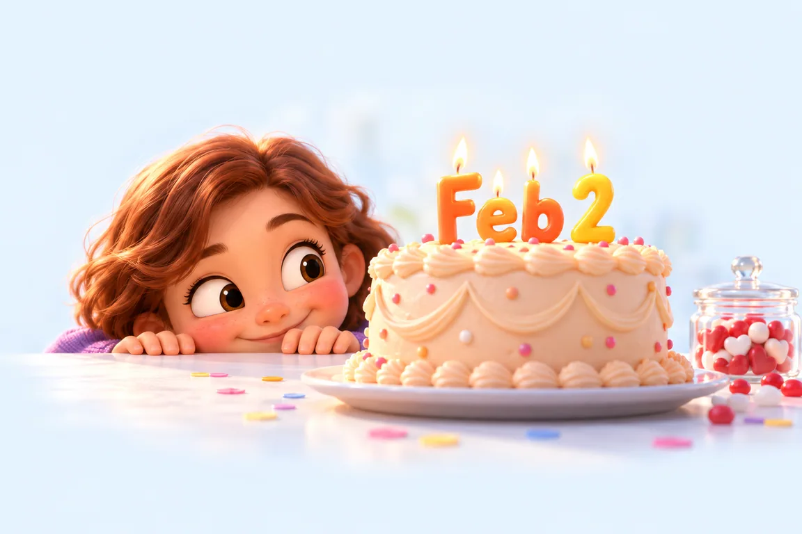 Cartoon birthday scene for February 2: a child behind a cake whose candles spell the date