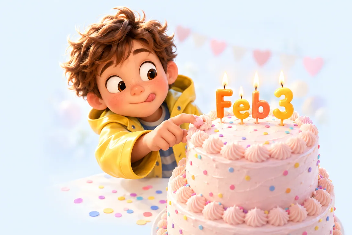 Cartoon birthday scene for February 3: a child behind a cake whose candles spell the date
