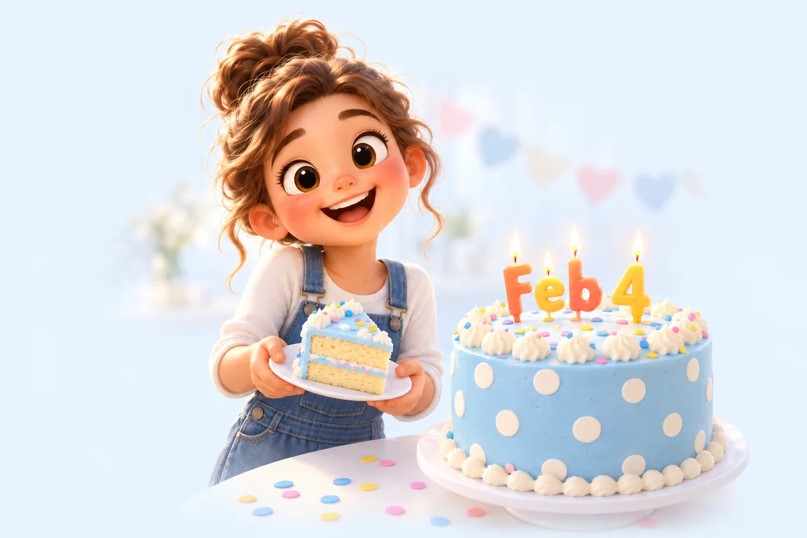 Cartoon birthday scene for February 4: a child behind a cake whose candles spell the date