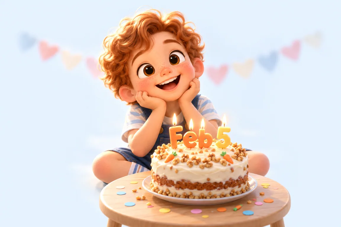 Cartoon birthday scene for February 5: a child behind a cake whose candles spell the date