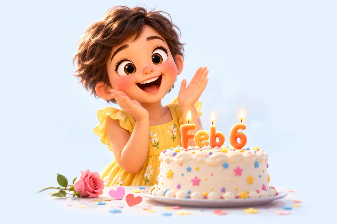 Cartoon birthday scene for February 6: a child behind a cake whose candles spell the date