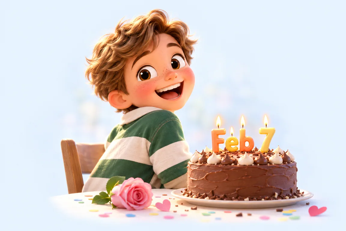 Cartoon birthday scene for February 7: a child behind a cake whose candles spell the date