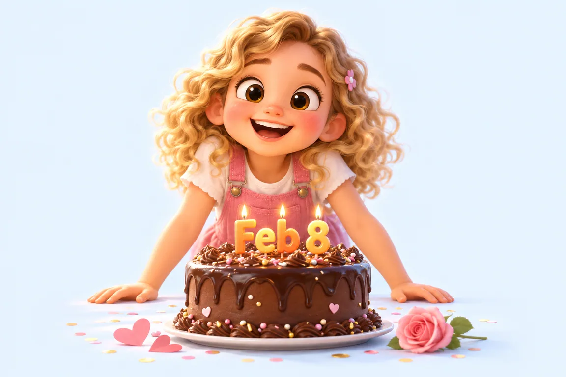 Cartoon birthday scene for February 8: a child behind a cake whose candles spell the date