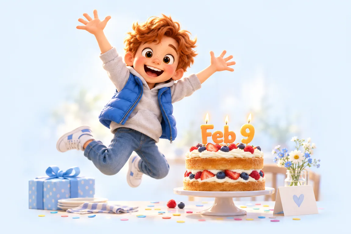 Cartoon birthday scene for February 9: a child behind a cake whose candles spell the date