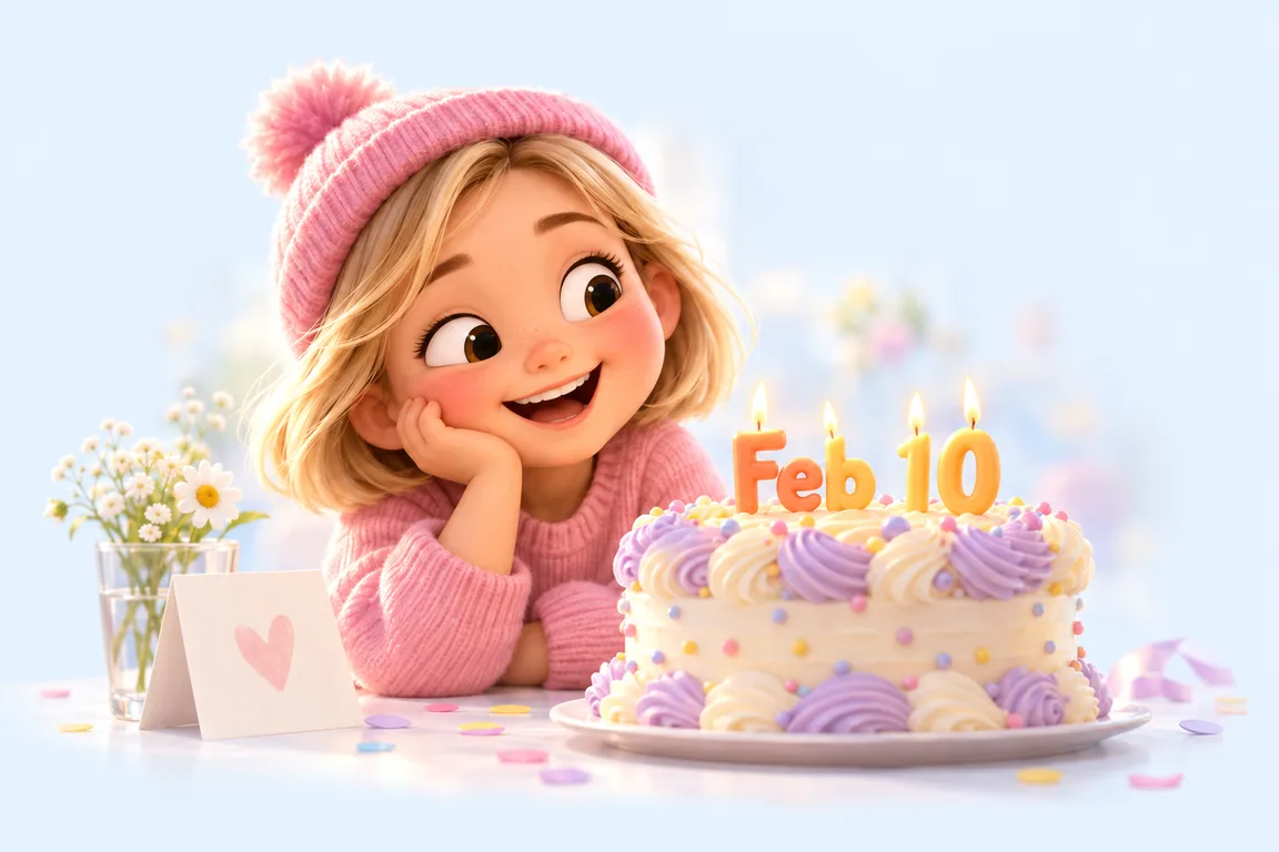 Cartoon birthday scene for February 10: a child behind a cake whose candles spell the date