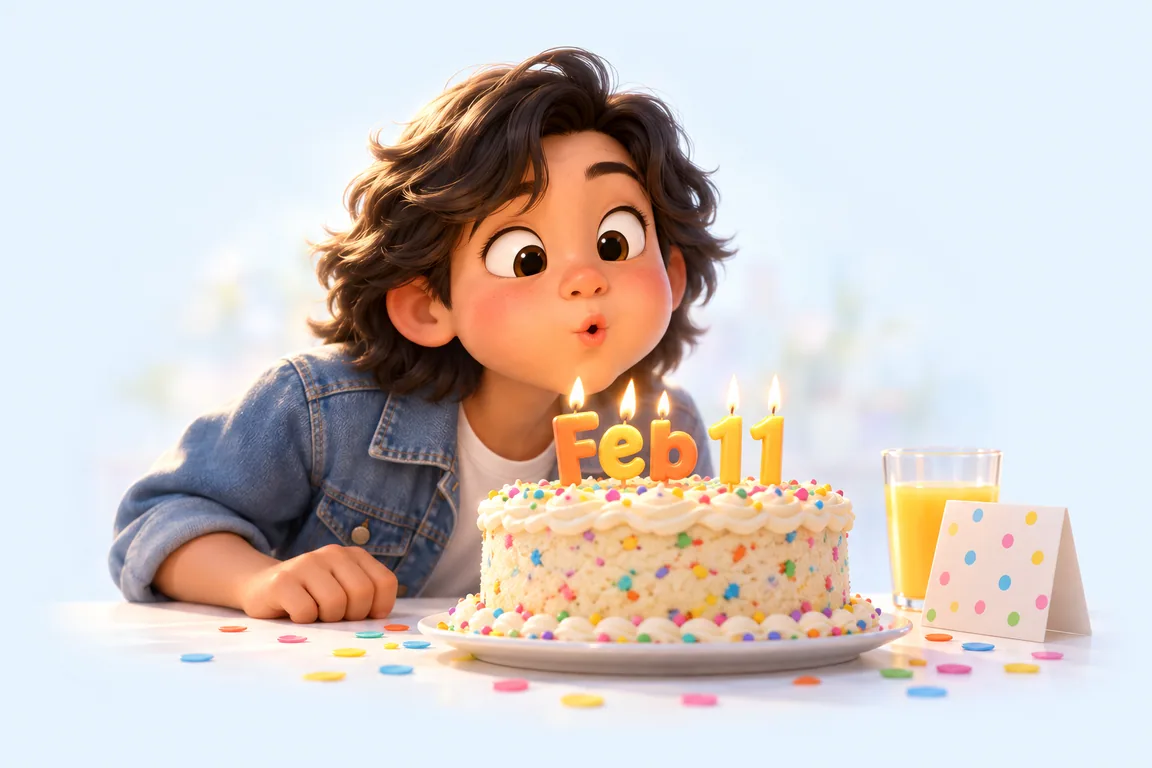 Cartoon birthday scene for February 11: a child behind a cake whose candles spell the date