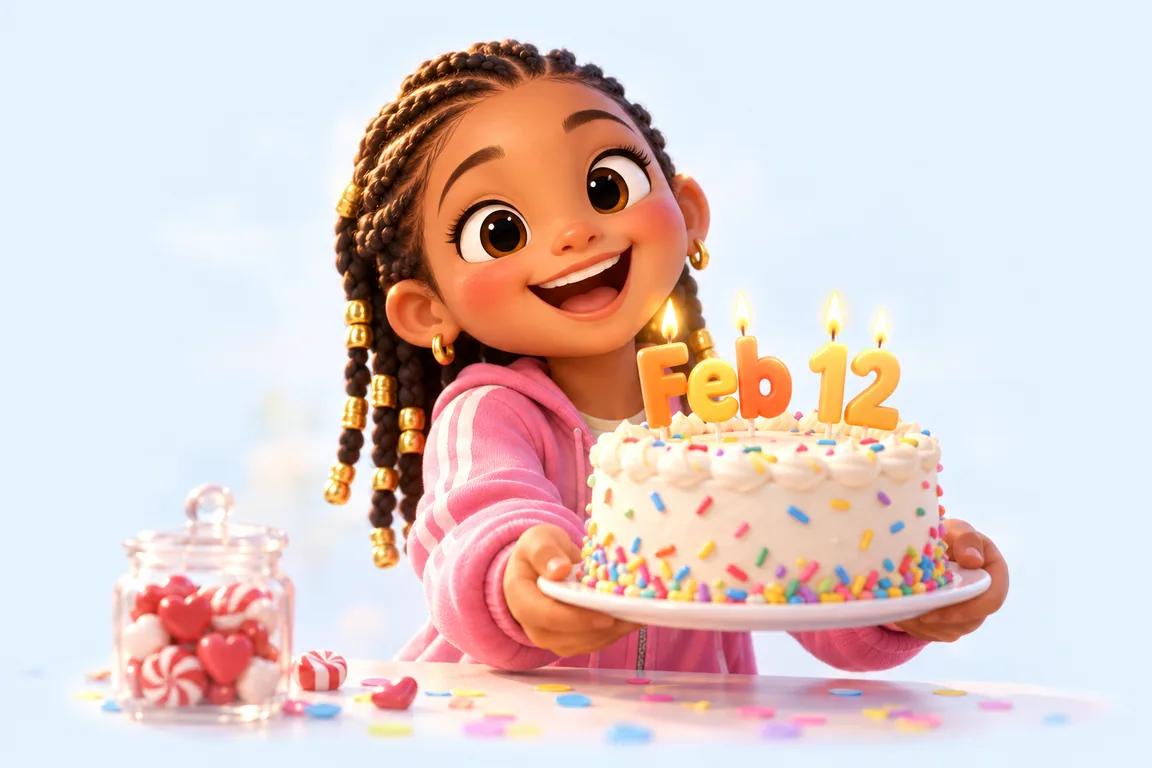Cartoon birthday scene for February 12: a child behind a cake whose candles spell the date