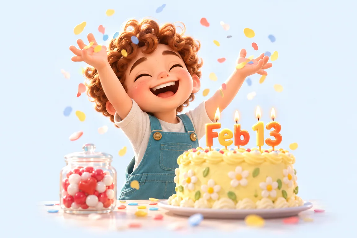 Cartoon birthday scene for February 13: a child behind a cake whose candles spell the date