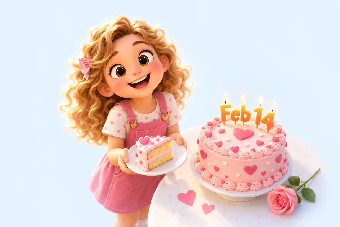 Cartoon birthday scene for February 14: a child behind a cake whose candles spell the date