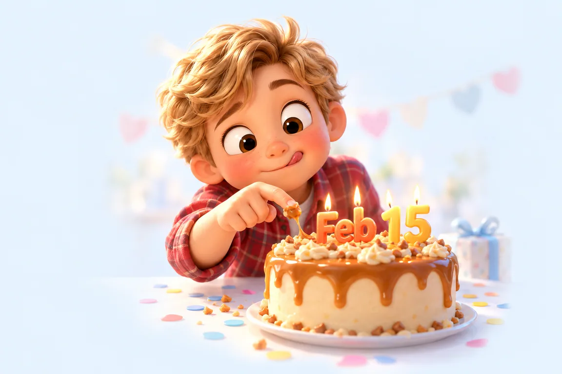 Cartoon birthday scene for February 15: a child behind a cake whose candles spell the date