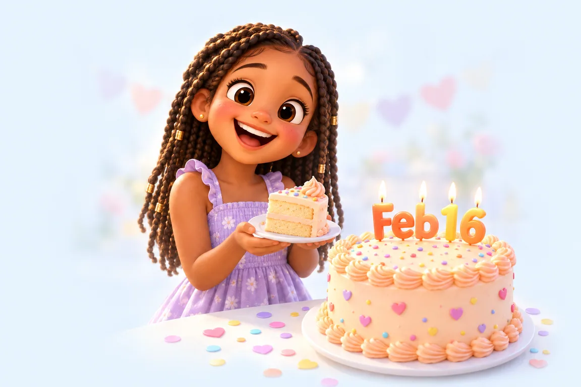 Cartoon birthday scene for February 16: a child behind a cake whose candles spell the date