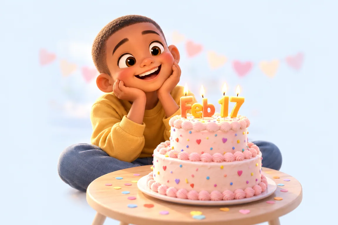 Cartoon birthday scene for February 17: a child behind a cake whose candles spell the date