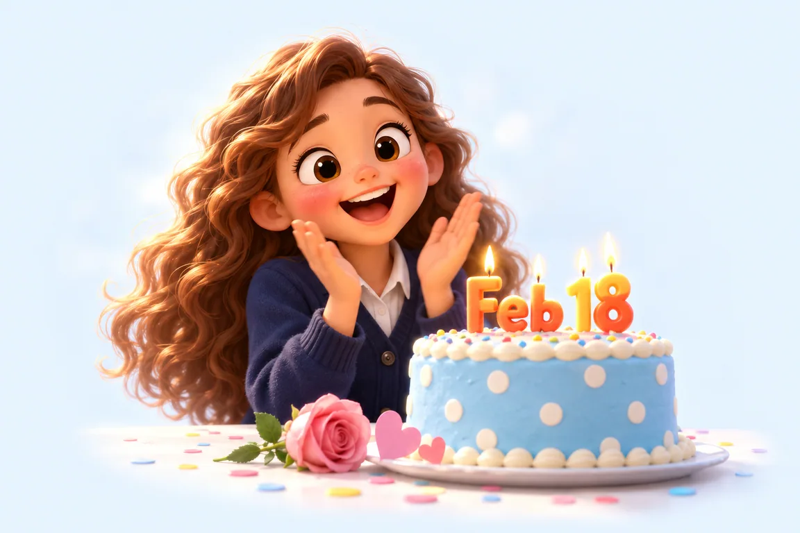 Cartoon birthday scene for February 18: a child behind a cake whose candles spell the date