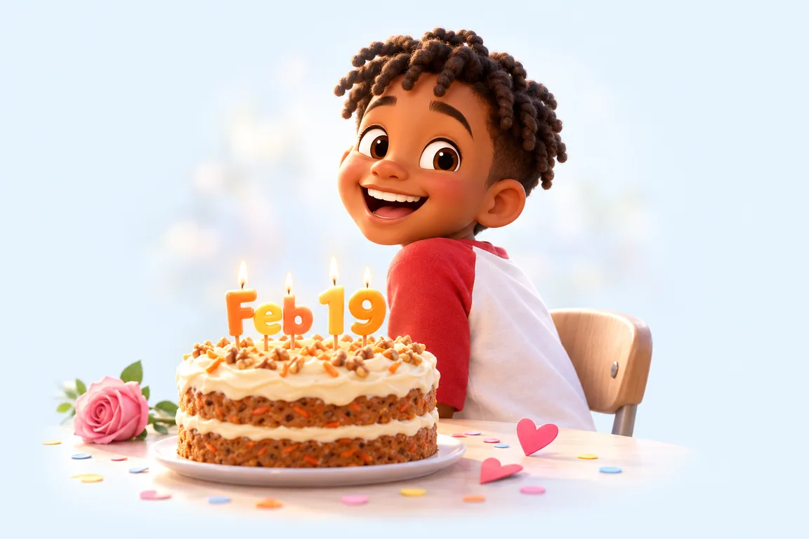 Cartoon birthday scene for February 19: a child behind a cake whose candles spell the date